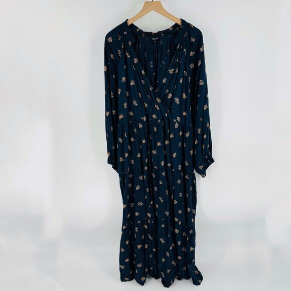 Madewell Plus Challis Floral Midi Dress Navy Boho Long Sleeve Tiered Flowy 2X - Picture 2 of 13
